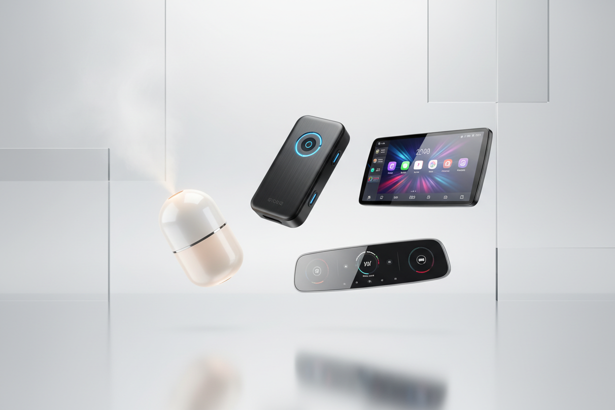 A wide hero banner in a premium Apple-inspired style. Clean white background with soft silver gradients and subtle depth. Floating, beautifully lit car tech accessories: a sleek GPS tracker, a glossy car aromatizer emitting a soft mist glow, a futuristic CarPlay/Android Auto screen with vibrant reflections, and a high-tech smart rearview mirror with elegant metallic edges. Use ultra-smooth lighting, soft shadows, and dreamy reflections to create a floating Apple-product showcase effect. Add subtle abstract 